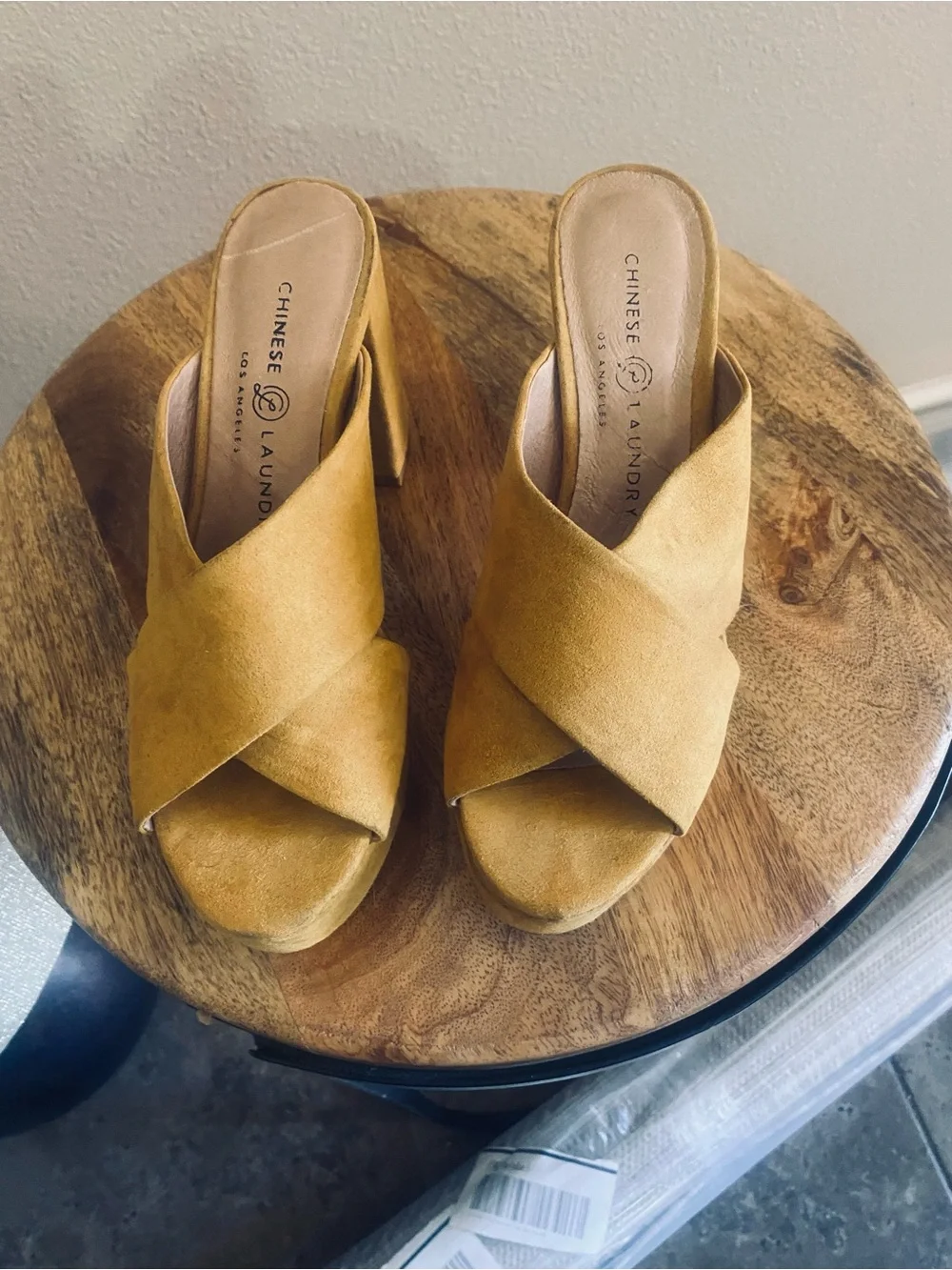 Chinese Laundry Mustard Suede Platform Mule Heels
